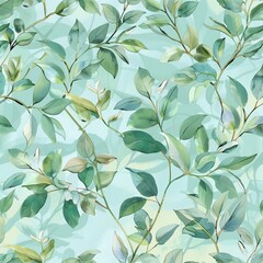 A seamless pattern of light green leaves and branches, a watercolor painting on a soft pastel blue background.