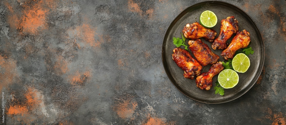 Poster grilled chicken wings served on a black plate with fresh lime slices on an industrial style backgrou