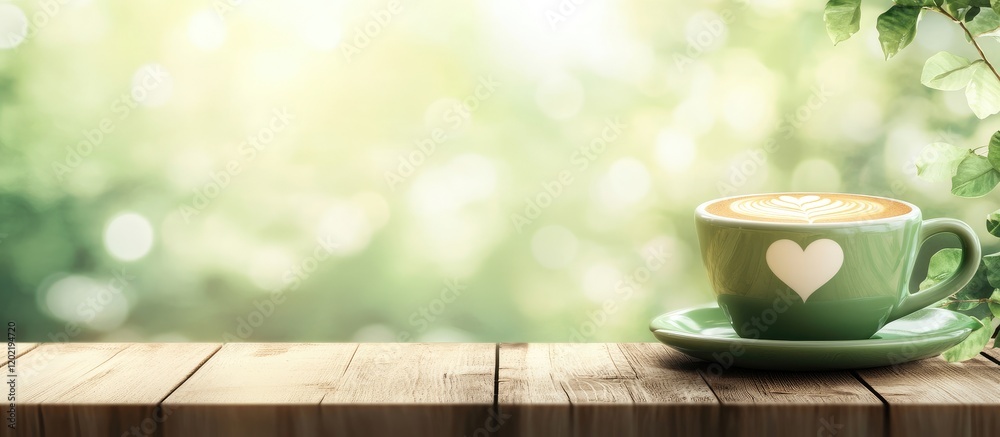 Poster green cup of coffee on wooden table with heart design in soft focus background and copy space for te