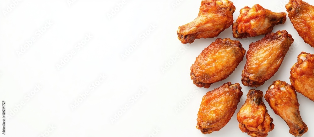 Poster Cooked chicken wings arranged on a white background with copy space for text placement