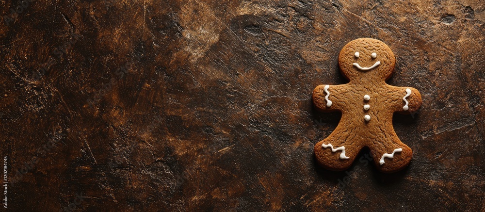 Poster gingerbread man cookie on dark textured background with copy space for holiday or baking themes