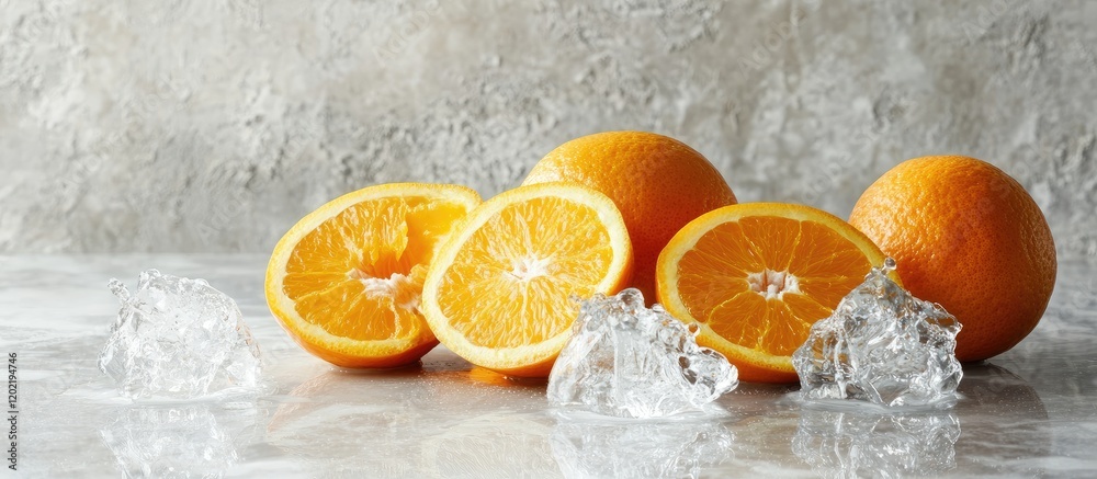 Poster fresh ripe oranges with ice cubes on a textured surface with copy space for text placement