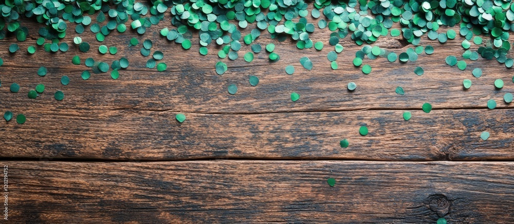 Poster green confetti scattered over dark wooden surface with copy space for text insertion and design purp