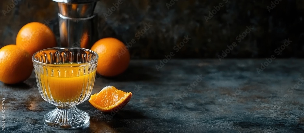 Poster freshly squeezed orange juice in a vintage glass with oranges on a dark textured background and ampl