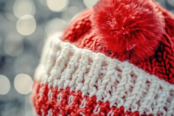 Red and White Knitted Hat with Pom Pom