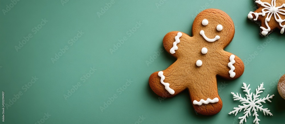 Poster gingerbread cookie with decorative icing and snowflake shapes on a green background with copy space 
