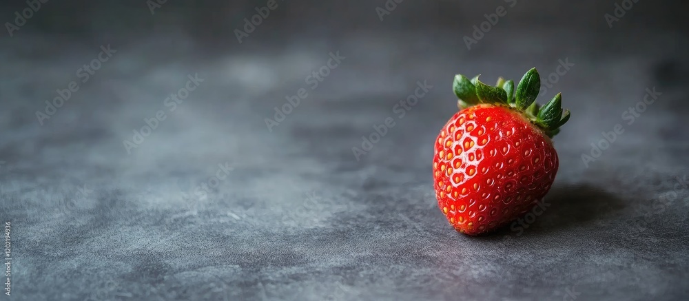 Poster Fresh ripe strawberry on a textured gray surface with natural light and Copy Space for text placement