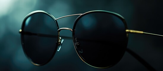 Sunglasses with dark lenses on a dark background showcasing detailed reflections and Copy Space for text placement