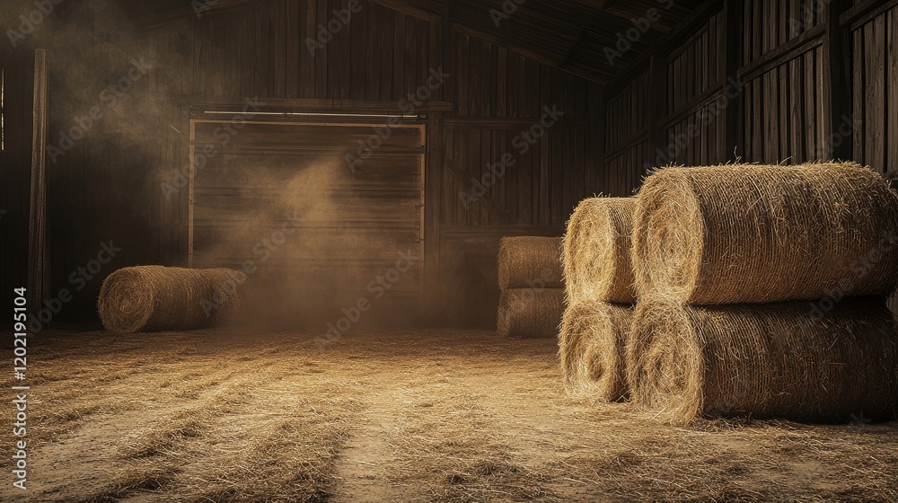Poster Hay bales in a rustic barn interior illuminated by soft light with dust particles in the air and ample Copy Space for text