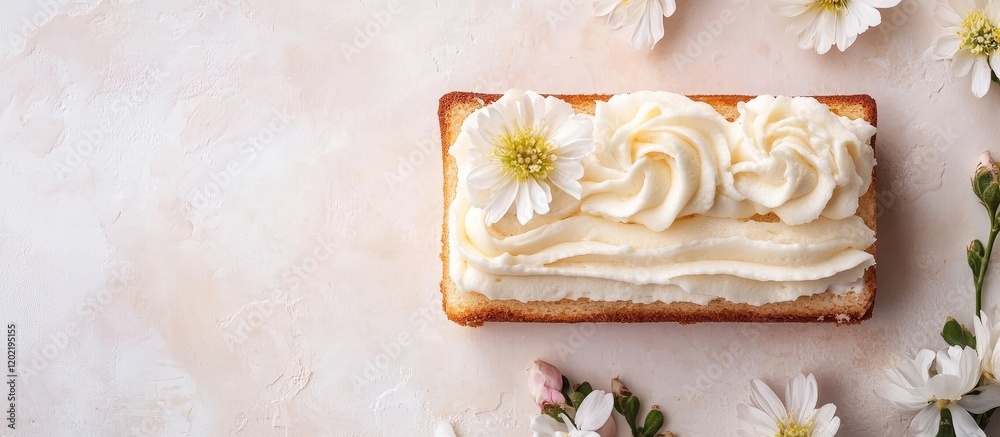 Poster cake with cream frosting and edible flowers on a light background with copy space