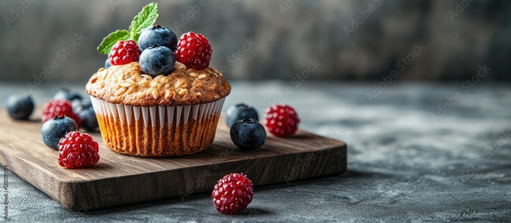 Poster muffin topped with fresh blueberries and raspberries on a wooden board with copy space for text