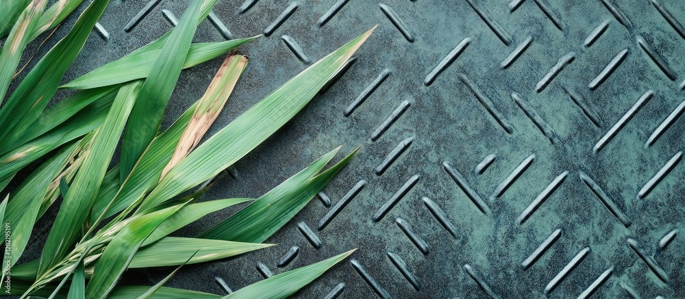 Poster green leaves on textured metal background with diamond pattern and copy space for text