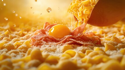 Pasta with raw egg and bacon falling into a pile on a wooden surface with water splashes and copy space.