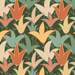 Bold maximalist floral pattern of stylized tulips with dotted and stripy texture on dark olive green linen background. Abstract botanical background in folk style for paper and decoration.