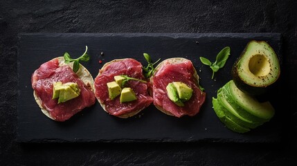 Gourmet appetizer with thinly sliced beef and avocado on crisp tortillas served on a slate platter with fresh herbs Copy Space