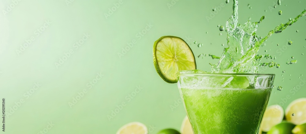 Poster Fresh green lime smoothie splashing in a glass with lime slice on rim against light green background with copy space