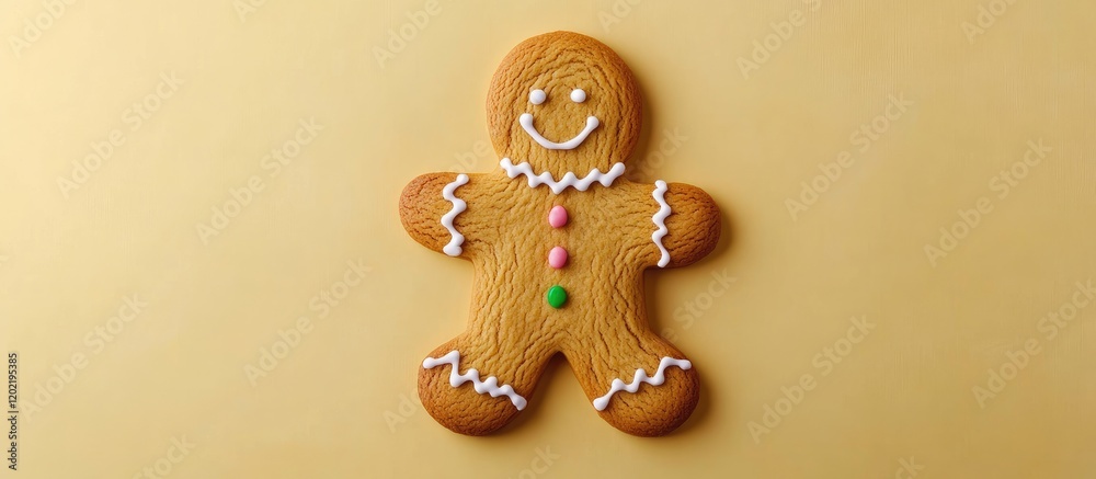 Poster gingerbread man cookie with frosting and candy decorations on a beige background with copy space