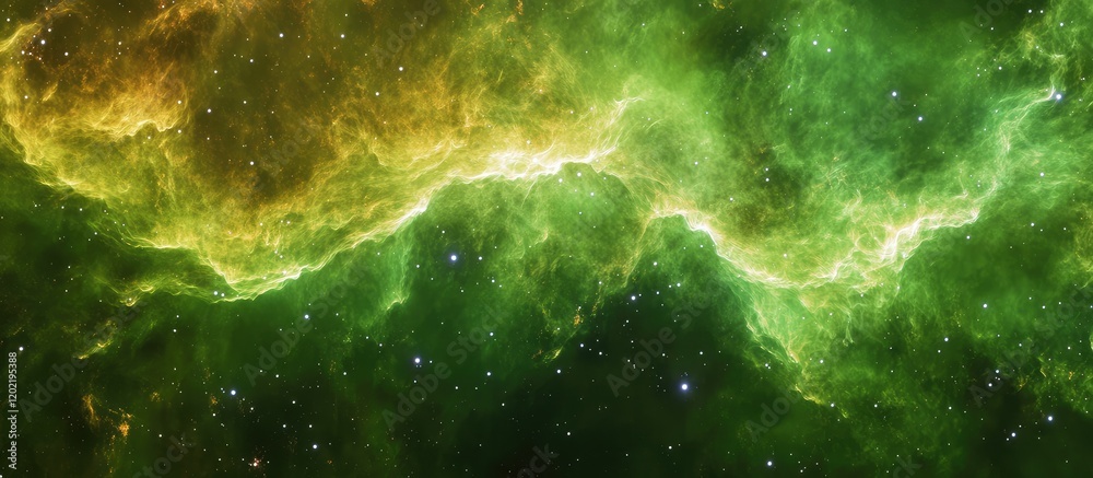 Aufkleber Abstract green and gold nebula with stars in deep space with Copy Space for text placement