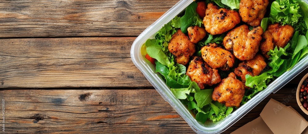 Poster Grilled chicken thighs with fresh lettuce and dipping sauce in a takeout container on a wooden table Copy Space