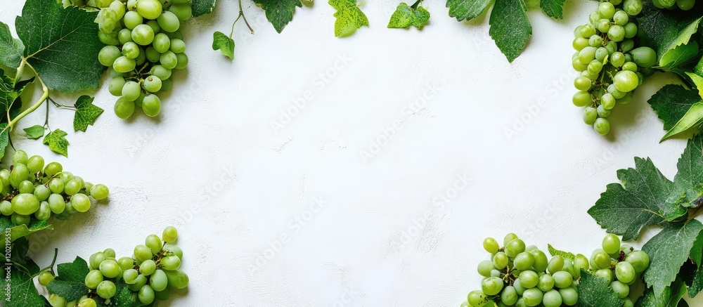 Poster green grapevine with fresh grapes and leaves arranged on a white marble surface with ample copy spac