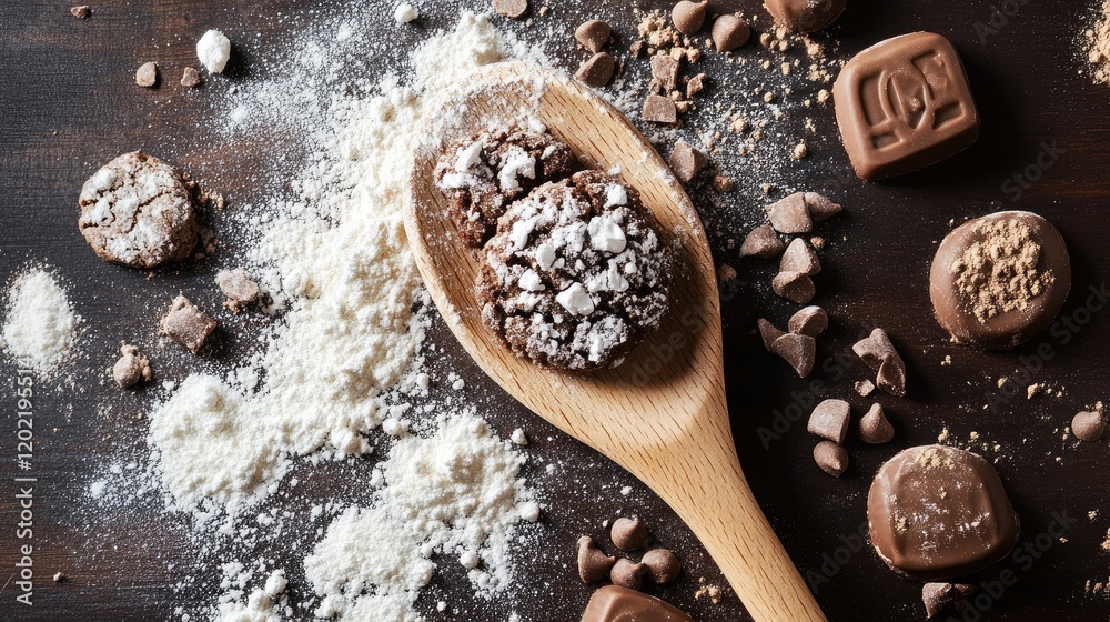 Aufkleber Chocolate cookies and assorted chocolates on a wooden surface with flour and cocoa powder scattered around. Copy Space.