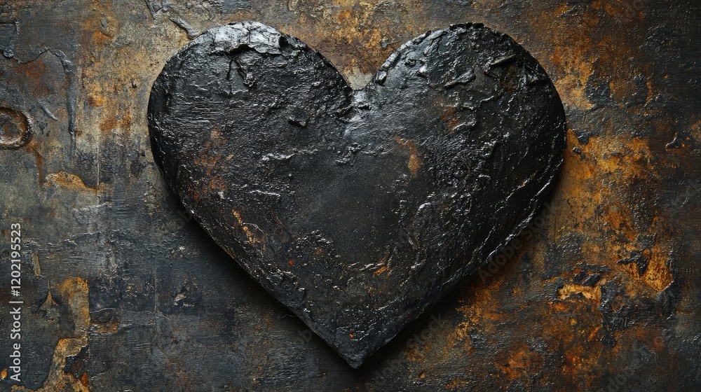 Poster Heart shaped textured artwork on a dark metallic background with copy space for text. Abstract design featuring contrasting colors.