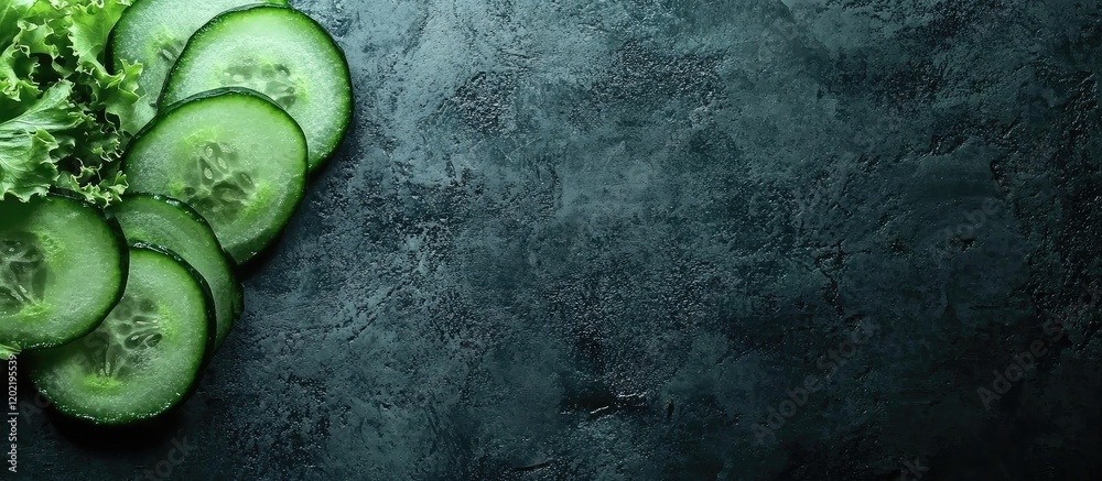 Poster Fresh cucumber slices with leafy greens on textured dark background with Copy Space for food-related text or graphics.