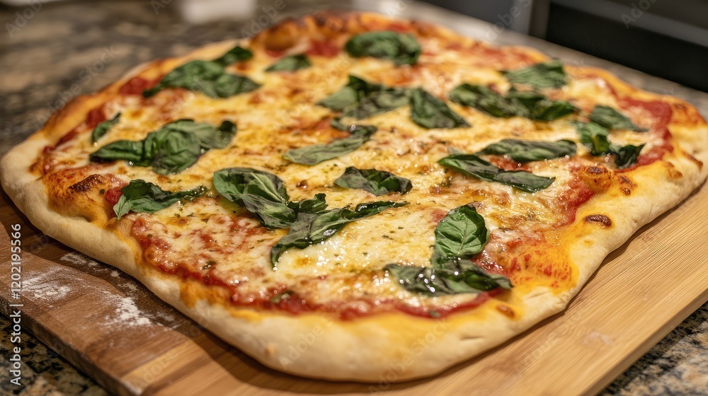 Poster freshly baked rectangular pizza topped with mozzarella cheese and basil leaves on a wooden serving b