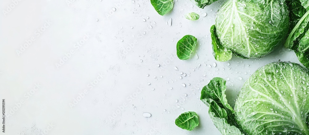 Aufkleber fresh green cabbage and leaves with water droplets on a light background with ample copy space