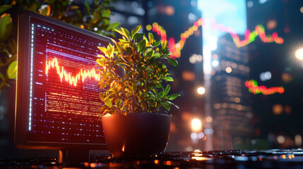 Futuristic financial market visualization with AI, featuring plant beside monitor displaying data trends. scene captures blend of nature and technology in vibrant city