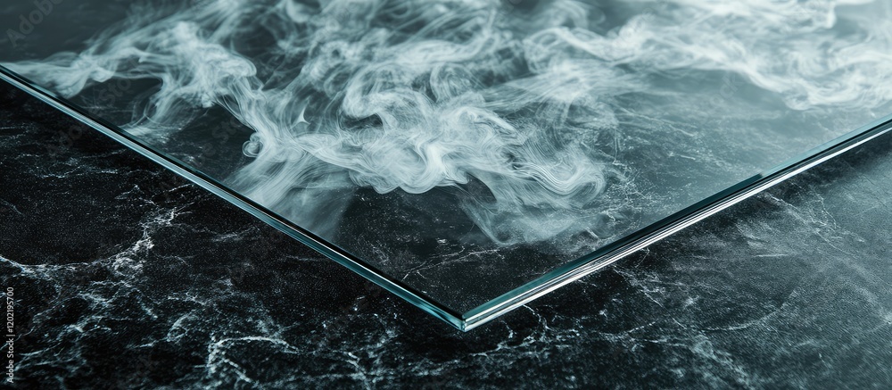 Poster glass sheet on textured black surface with smoke-like patterns, showcasing modern design elements an