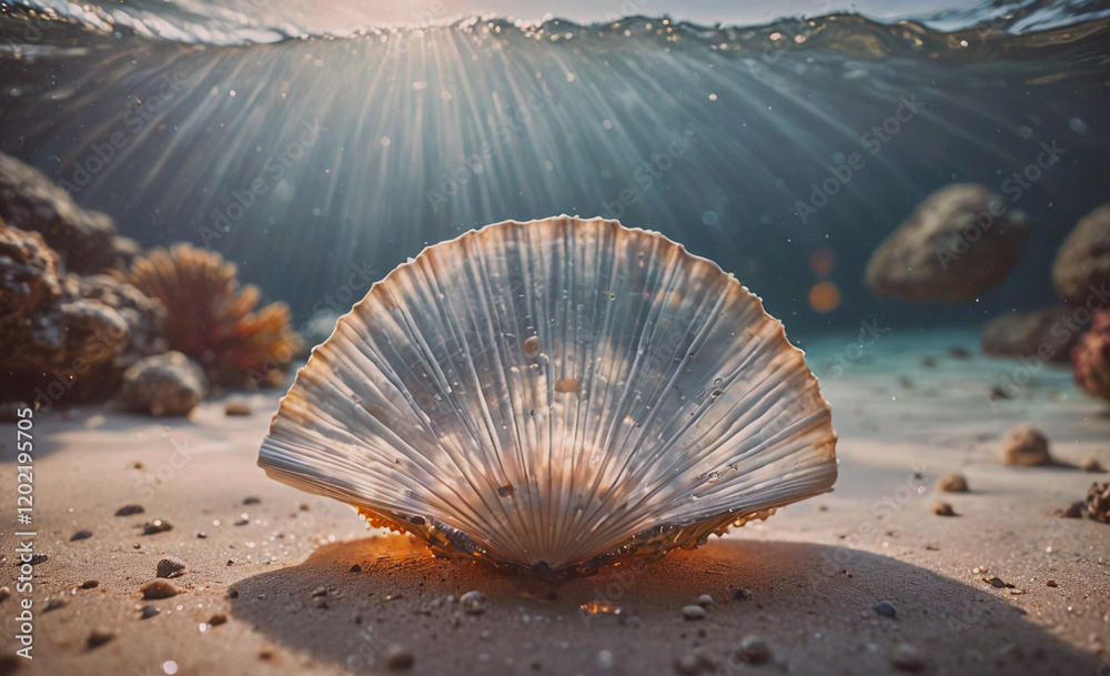 Poster a large white shell is laying on the sand. the sun is shining on it, creating a beautiful and serene