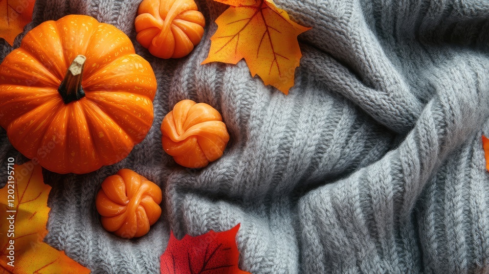 Poster decorative autumn scene with pumpkins and colorful leaves on a knitted blanket with copy space for t