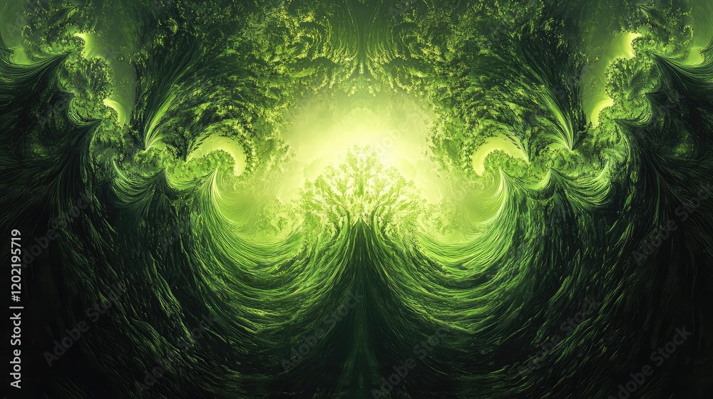 Poster abstract green fractal waves with swirling patterns and bright center glow suitable for backgrounds 