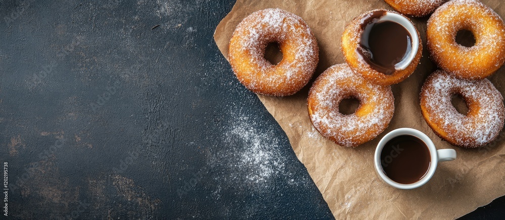 Aufkleber freshly baked donuts with powdered sugar and a cup of coffee on a dark background with copy space fo