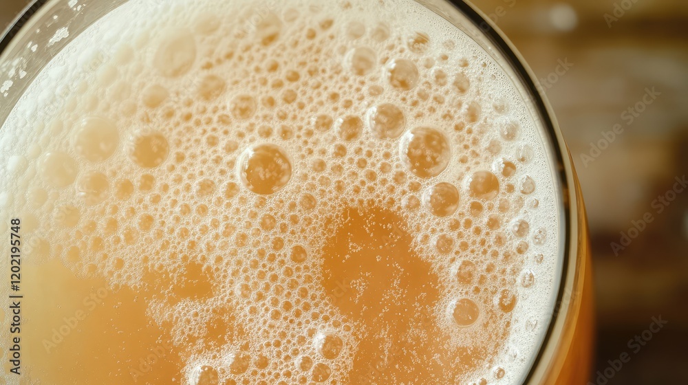 Poster close-up of a frothy beer in a glass with bubbles and a warm golden color copy space