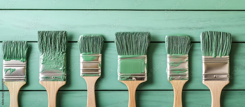 Poster Green paintbrushes arranged in a row on a wooden surface with copy space for text placement.