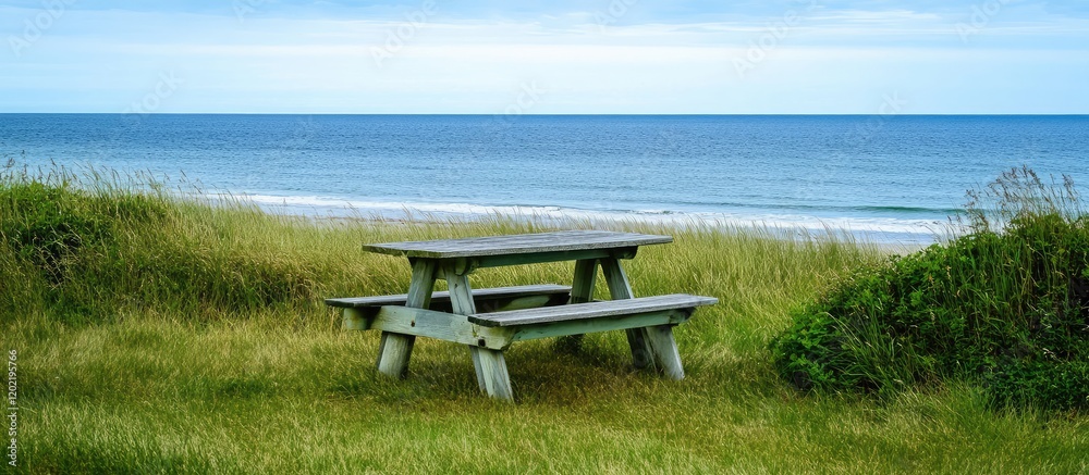 Poster secluded picnic table on grassy beachside with calm ocean view and overcast sky copy space