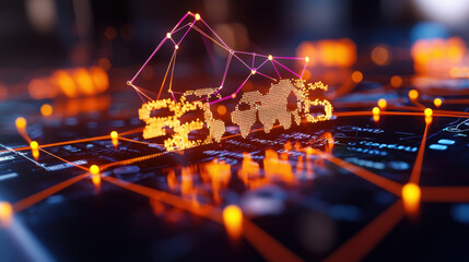 Digital network connections with glowing data visualizations and graphs