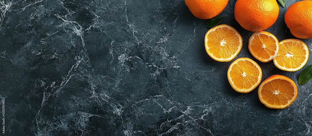 Poster Fresh oranges and cut orange slices arranged on dark marble surface with copy space for text placement