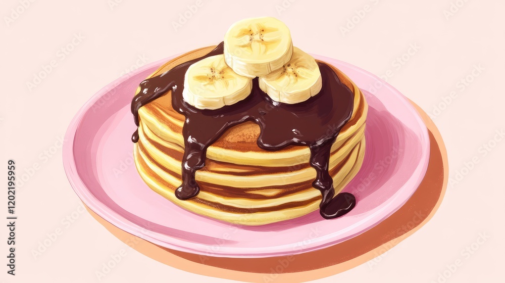 Poster Stacks of pancakes with banana slices drizzled in chocolate syrup on a pink plate with Copy Space for text
