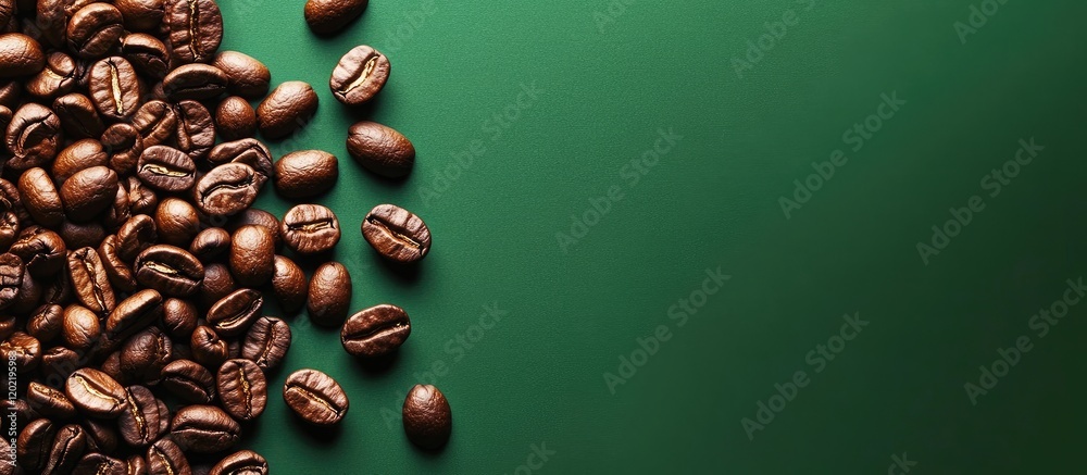Poster Coffee beans on dark green background with Copy Space for text placement
