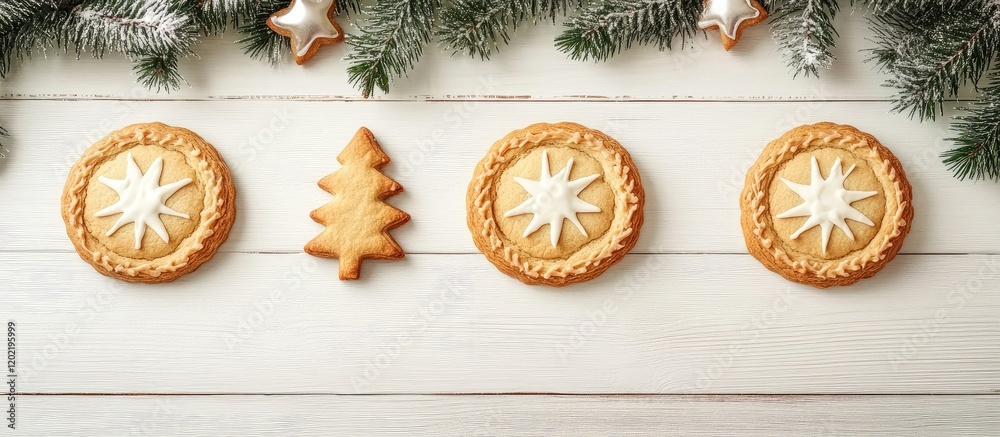 Poster decorative holiday cookies including star and tree shapes on wooden surface surrounded by pine branc