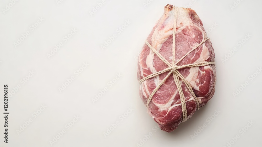 Poster Raw pork shoulder tied with string against a plain white background with ample copy space for text placement.