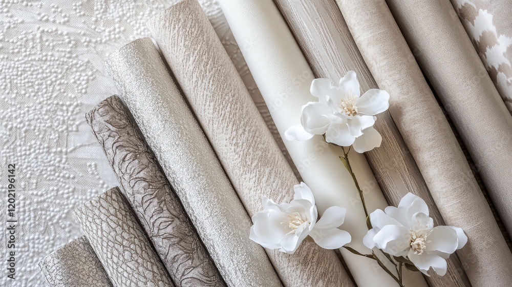 Poster textured fabric samples in neutral tones with white flowers on a light background copy space