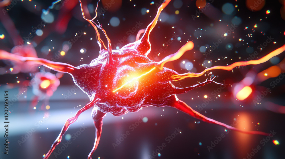 Poster vibrant depiction of neuron with glowing connections, showcasing complexity of neural networks and their role in communication