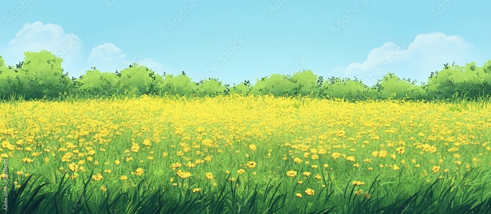 Poster illustration of a vibrant yellow flower field under a clear blue sky with green shrubbery in the bac