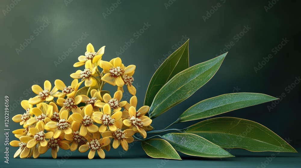 Poster bright yellow flowers with green leaves on dark background with copy space for text placement.