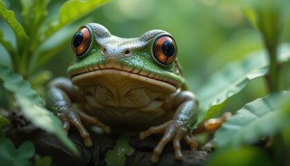 Fototapeta premium Green frog with red eyes sitting amongst green leaves. 