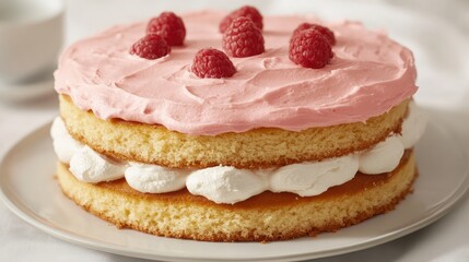 Layered sponge cake with raspberry frosting and fresh raspberries on top on a white plate with Copy Space